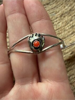 Esther White Navajo Handmade Bear Paw baby Cuff Red coral Stone